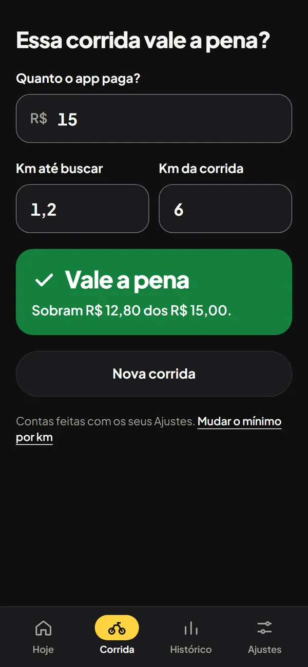 Tela Corrida do LucroMoto: R$ 15 por 6 km, mais 1,2 km até buscar — Vale a pena, sobram R$ 12,80